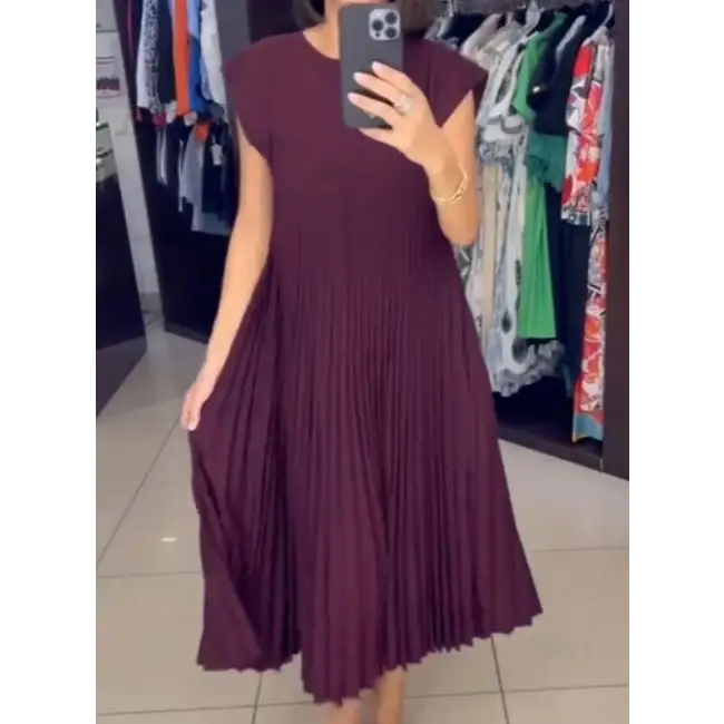 Short Sleeve Pleated Long Dress Summer Round Neck Dress Women's Clothing Beyond Trends Hub