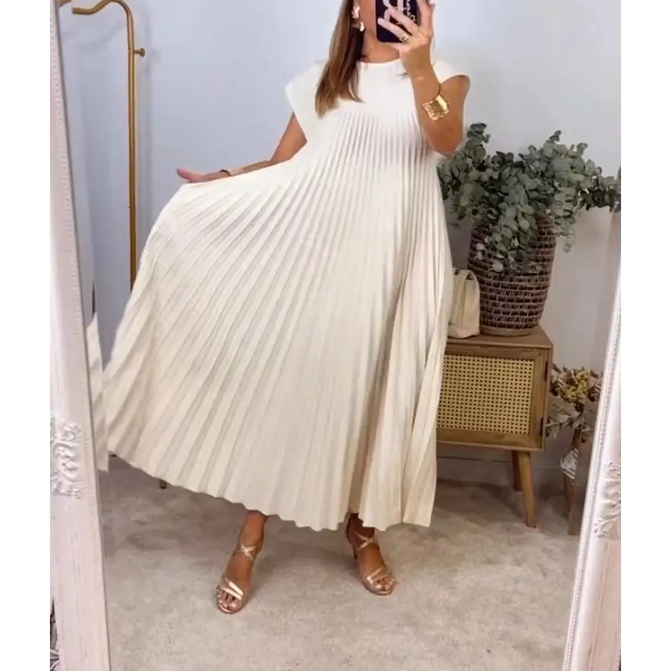 Short Sleeve Pleated Long Dress Summer Round Neck Dress Women's Clothing Beyond Trends Hub
