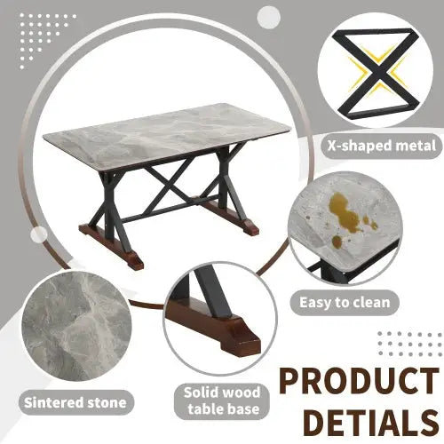 Sintered Stone Dining Table 63 Modern Gray Rectangular Kitchen Dinner Table Faux Marble Dining Room Table With X-shaped