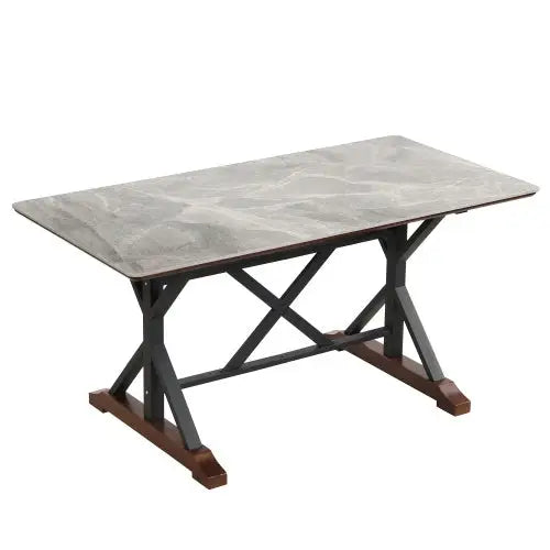 Sintered Stone Dining Table 63 Modern Gray Rectangular Kitchen Dinner Table Faux Marble Dining Room Table With X-shaped
