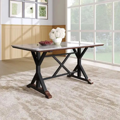 Sintered Stone Dining Table 63 Modern Gray Rectangular Kitchen Dinner Table Faux Marble Dining Room Table With X-shaped