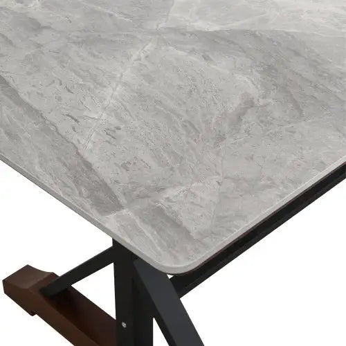 Sintered Stone Dining Table 63 Modern Gray Rectangular Kitchen Dinner Table Faux Marble Dining Room Table With X-shaped