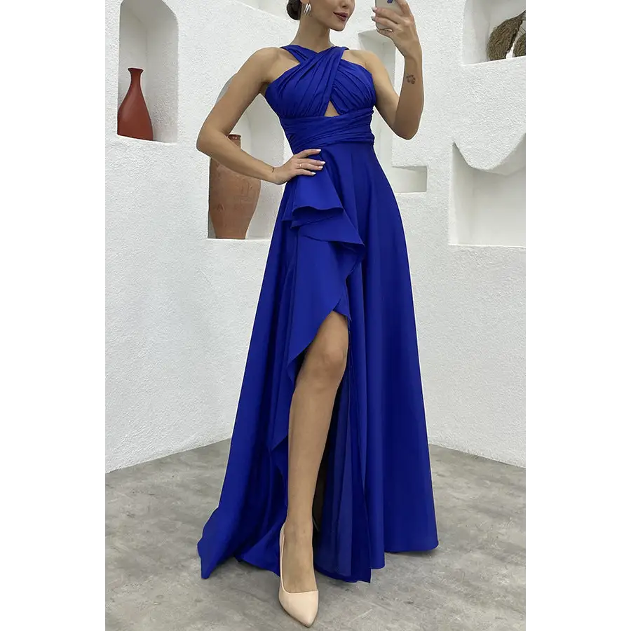 Sleeveless Solid Color Irregular Long Dress Formal For Women