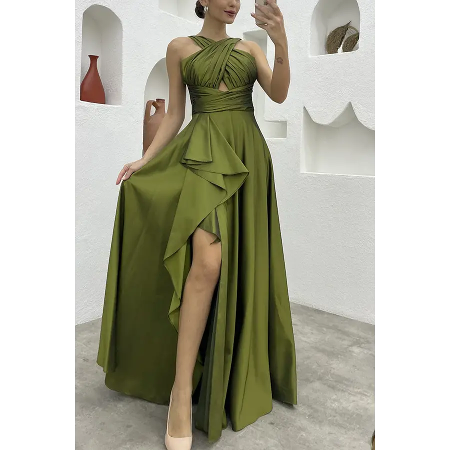 Sleeveless Solid Color Irregular Long Dress Formal For Women - Army Green / S