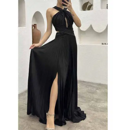 Sleeveless Solid Color Irregular Long Dress Formal For Women - Black / L