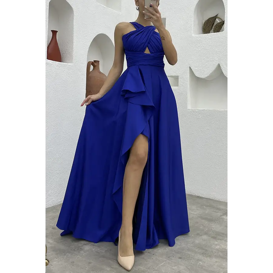 Sleeveless Solid Color Irregular Long Dress Formal For Women - Blue / S
