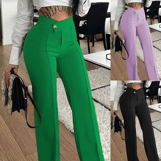 Slim Straight-leg Pants With Buckle Fashion Solid Color Trousers For Womens Clothing - Beyond Trends Hub 