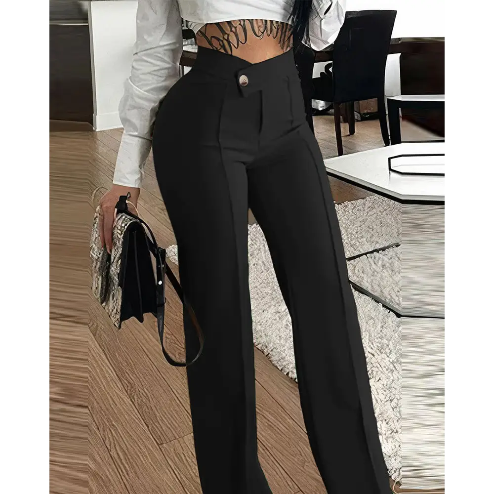 Slim Straight-leg Pants With Buckle Fashion Solid Color Trousers For Womens Clothing - Beyond Trends Hub 