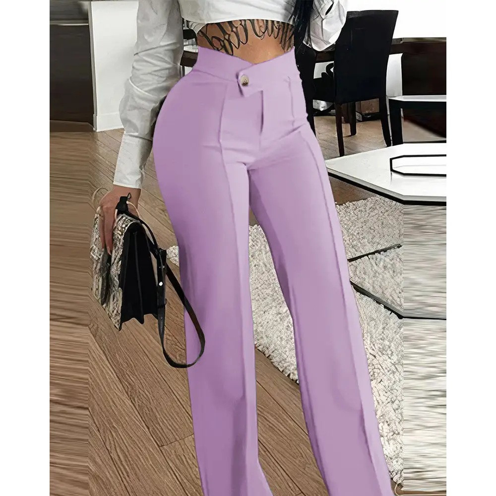 Slim Straight-leg Pants With Buckle Fashion Solid Color Trousers For Womens Clothing - Beyond Trends Hub 