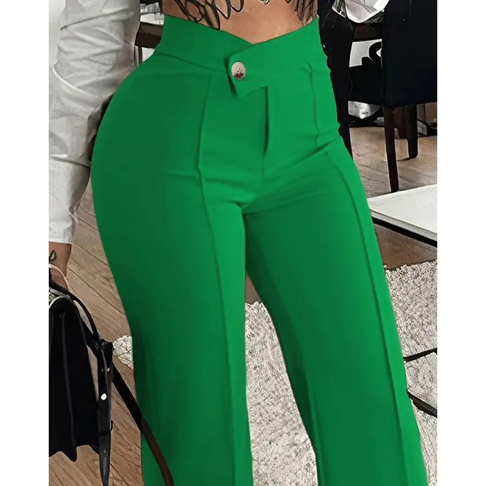 Slim Straight-leg Pants With Buckle Fashion Solid Color Trousers For Womens Clothing - Beyond Trends Hub 