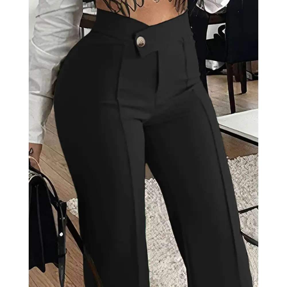 Slim Straight-leg Pants With Buckle Fashion Solid Color Trousers For Womens Clothing - Beyond Trends Hub 