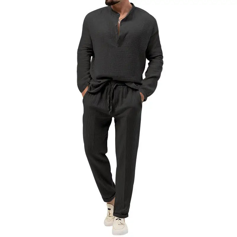 Solid Color Casual T-shirt Long Sleeve Shirt Trousers Suit - Black / S