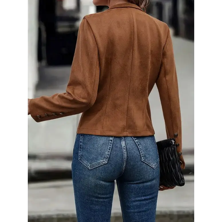 Solid Short Jacket Double Breasted Decorative Design Fashion Retro Suede Long Sleeve Outwear Tops Coat For Womens Clothing Beyond Trends Hub