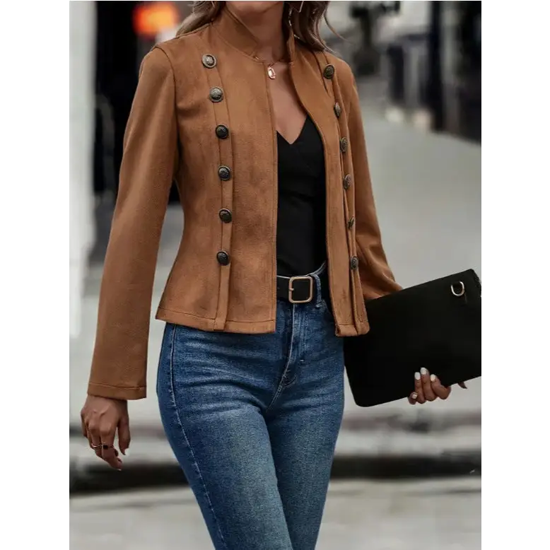 Solid Short Jacket Double Breasted Decorative Design Fashion Retro Suede Long Sleeve Outwear Tops Coat For Womens Clothing Beyond Trends Hub