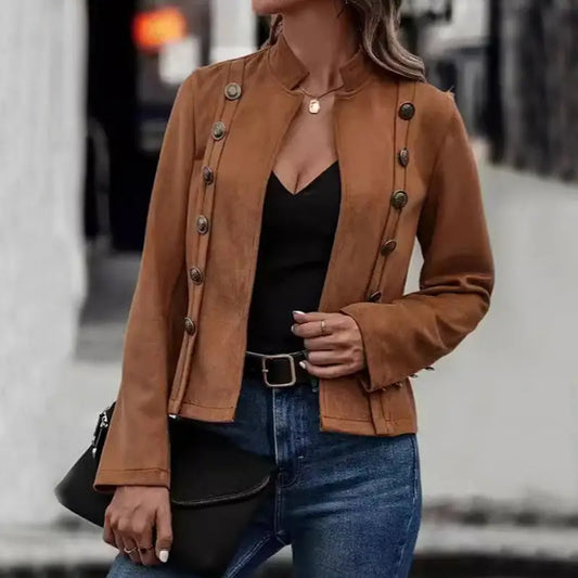 Solid Short Jacket Double Breasted Decorative Design Fashion Retro Suede Long Sleeve Outwear Tops Coat For Womens Clothing Beyond Trends Hub