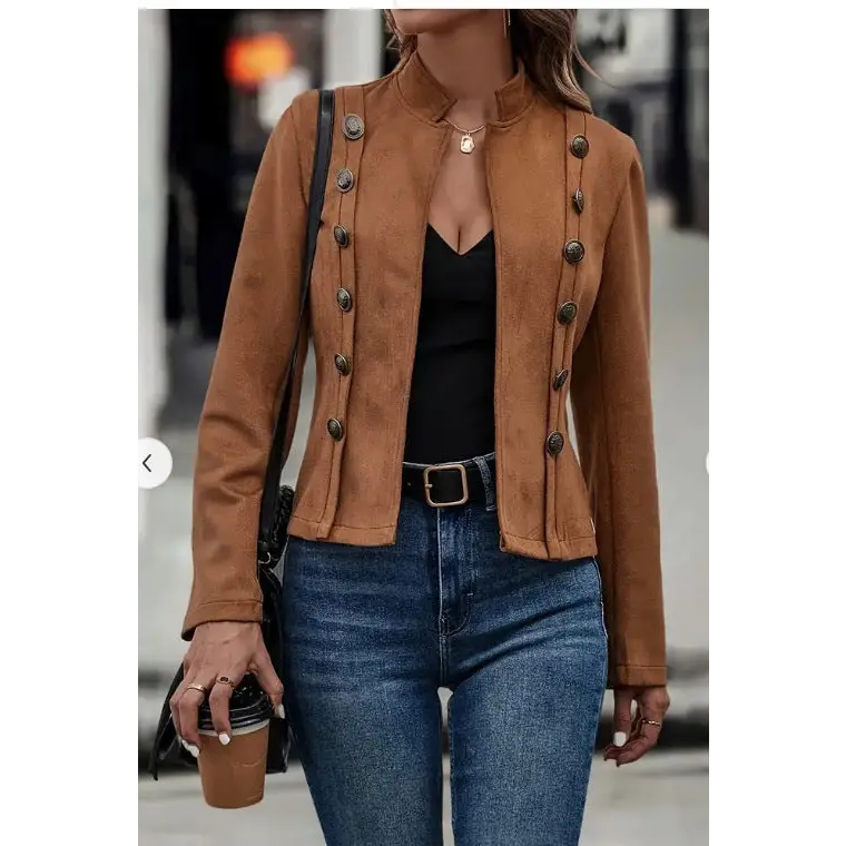 Solid Short Jacket Double Breasted Decorative Design Fashion Retro Suede Long Sleeve Outwear Tops Coat For Womens Clothing Beyond Trends Hub