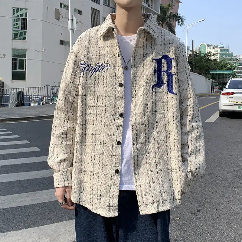 Spring Letter Embroidery Plaid Tide Long Sleeve Shirts For Men And Women Beyond Trends Hub