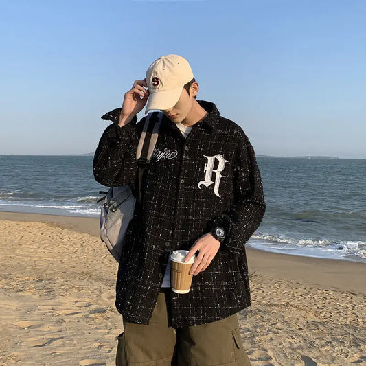 Spring Letter Embroidery Plaid Tide Long Sleeve Shirts For Men And Women Beyond Trends Hub