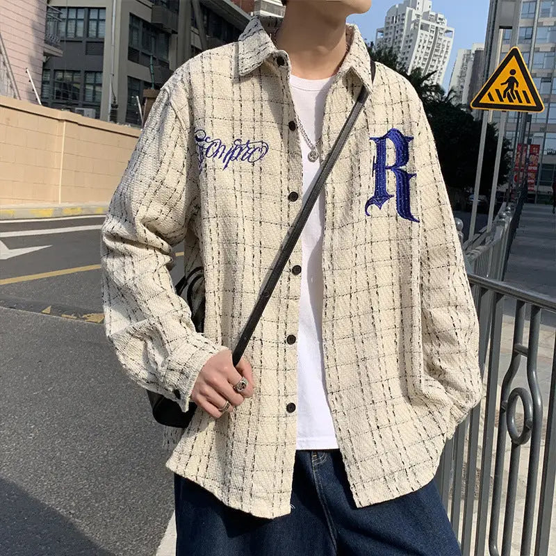 Spring Letter Embroidery Plaid Tide Long Sleeve Shirts For Men And Women Beyond Trends Hub