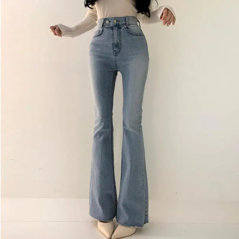 Spring Versatile High Waist Slimming Two-button Double Pocket Design Sense Slightly Flared Jeans Trousers For Women Beyond Trends Hub