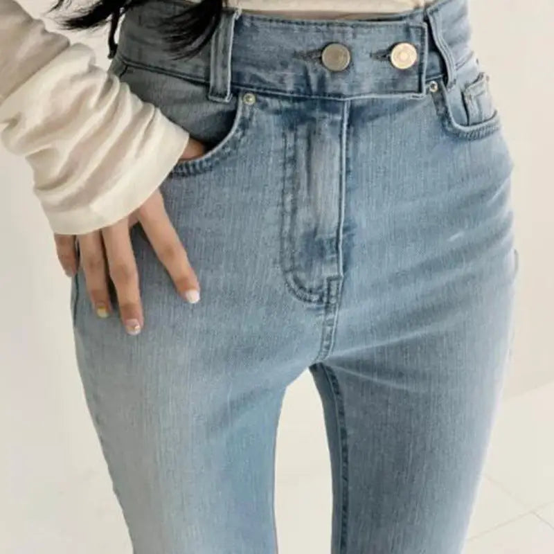 Spring Versatile High Waist Slimming Two-button Double Pocket Design Sense Slightly Flared Jeans Trousers For Women Beyond Trends Hub
