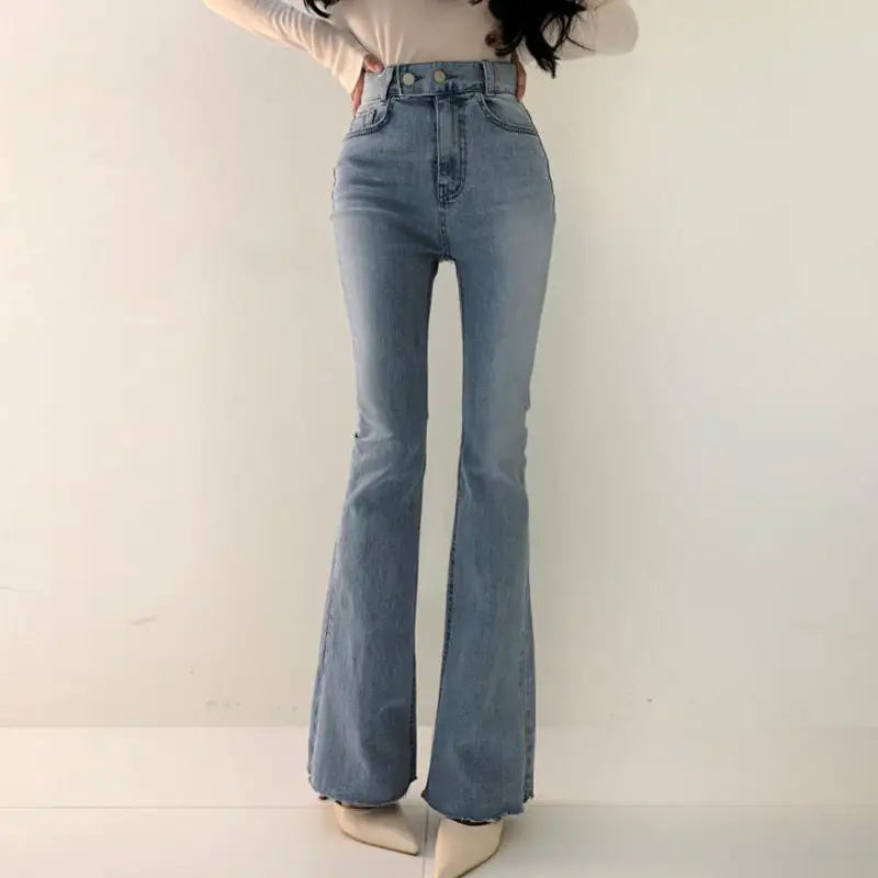 Spring Versatile High Waist Slimming Two-button Double Pocket Design Sense Slightly Flared Jeans Trousers For Women Beyond Trends Hub