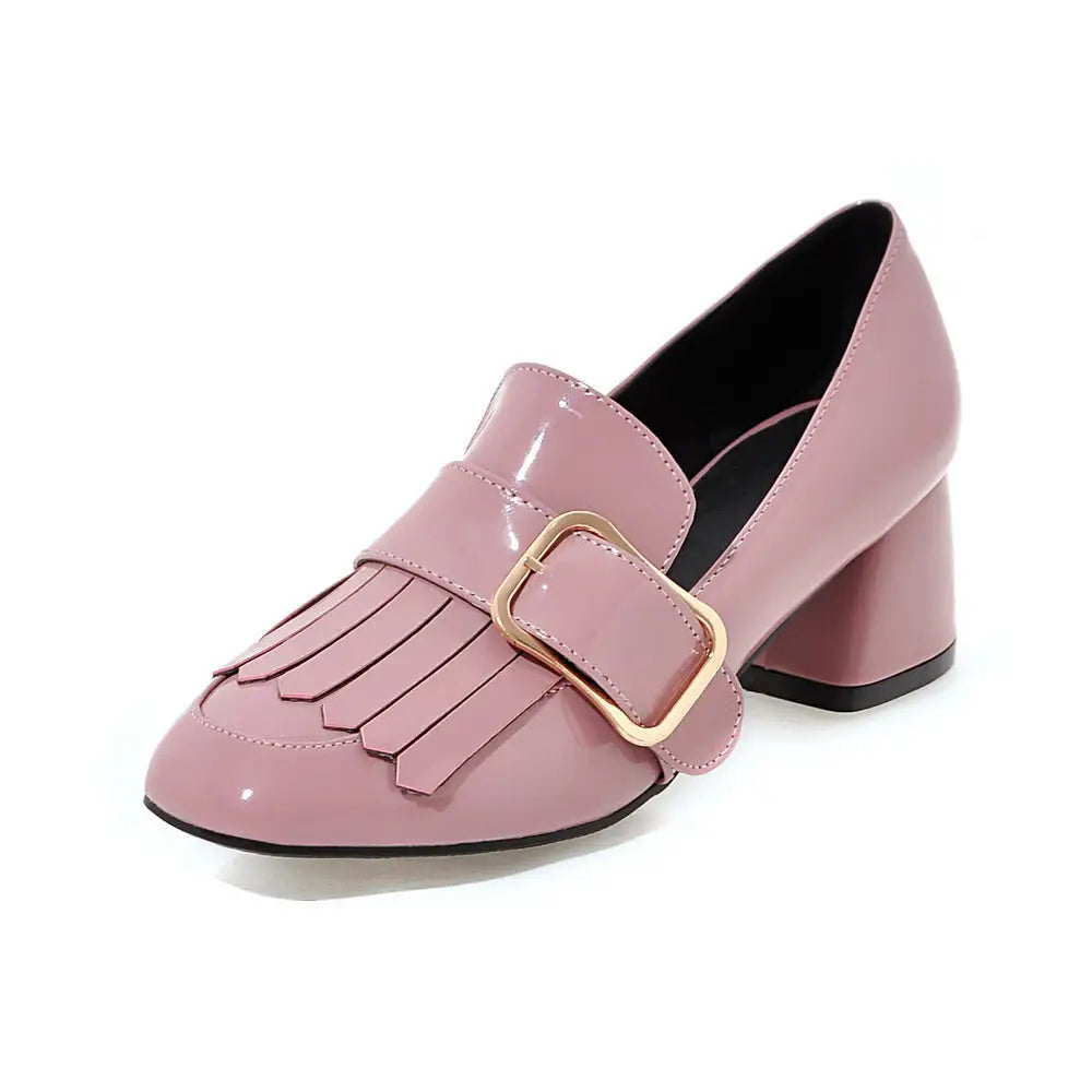 Square Toe Patent Leather Belt Buckle Solid Color Korean Style Thick Heel Ladies Shoes - Pink / 33