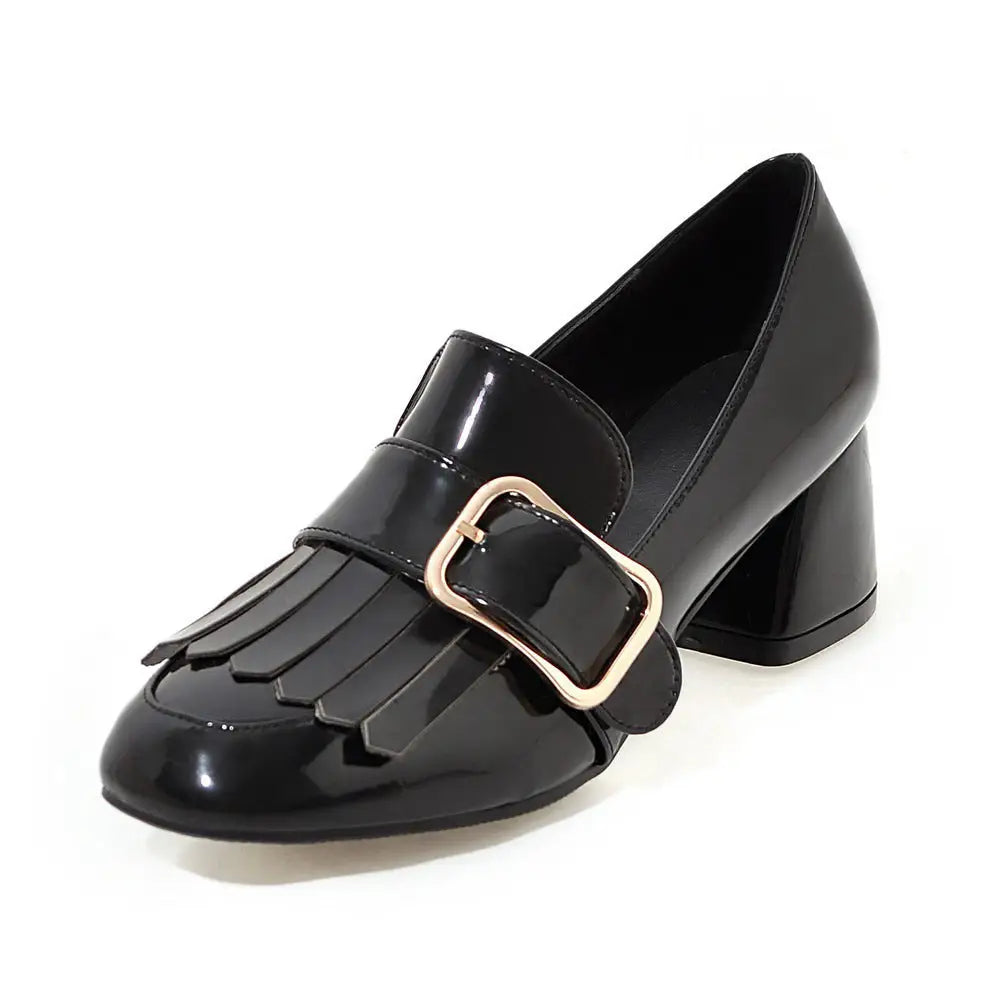 Square Toe Patent Leather Belt Buckle Solid Color Korean Style Thick Heel Ladies Shoes