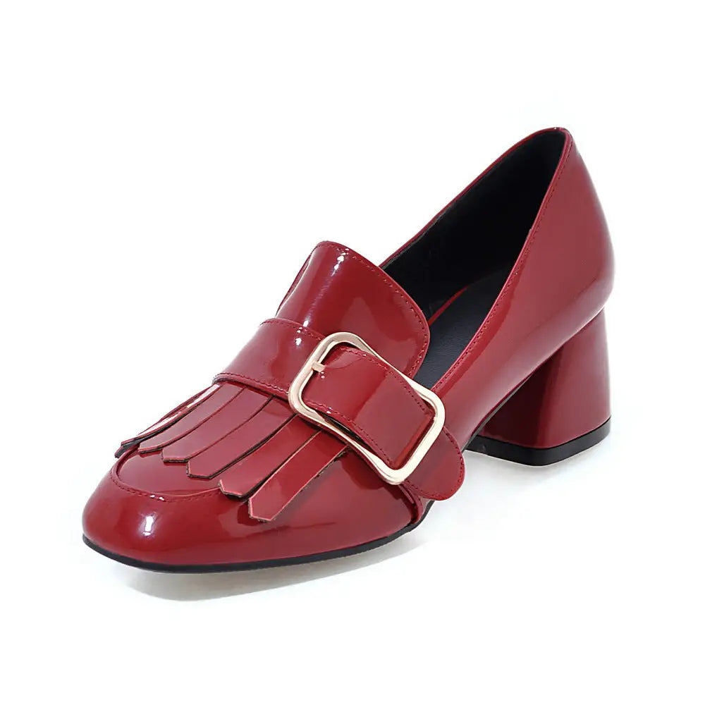 Square Toe Patent Leather Belt Buckle Solid Color Korean Style Thick Heel Ladies Shoes - Red / 33
