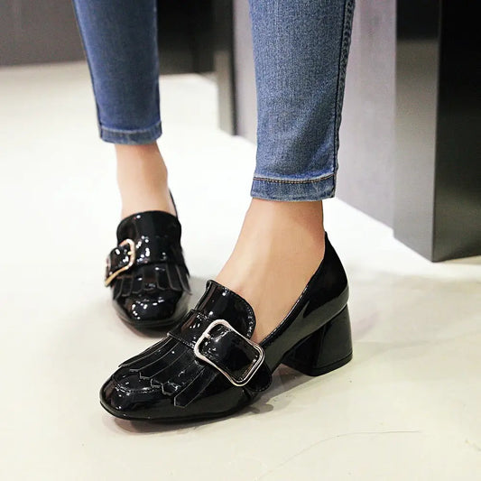 Square Toe Patent Leather Belt Buckle Solid Color Korean Style Thick Heel Ladies Shoes - Black / 33