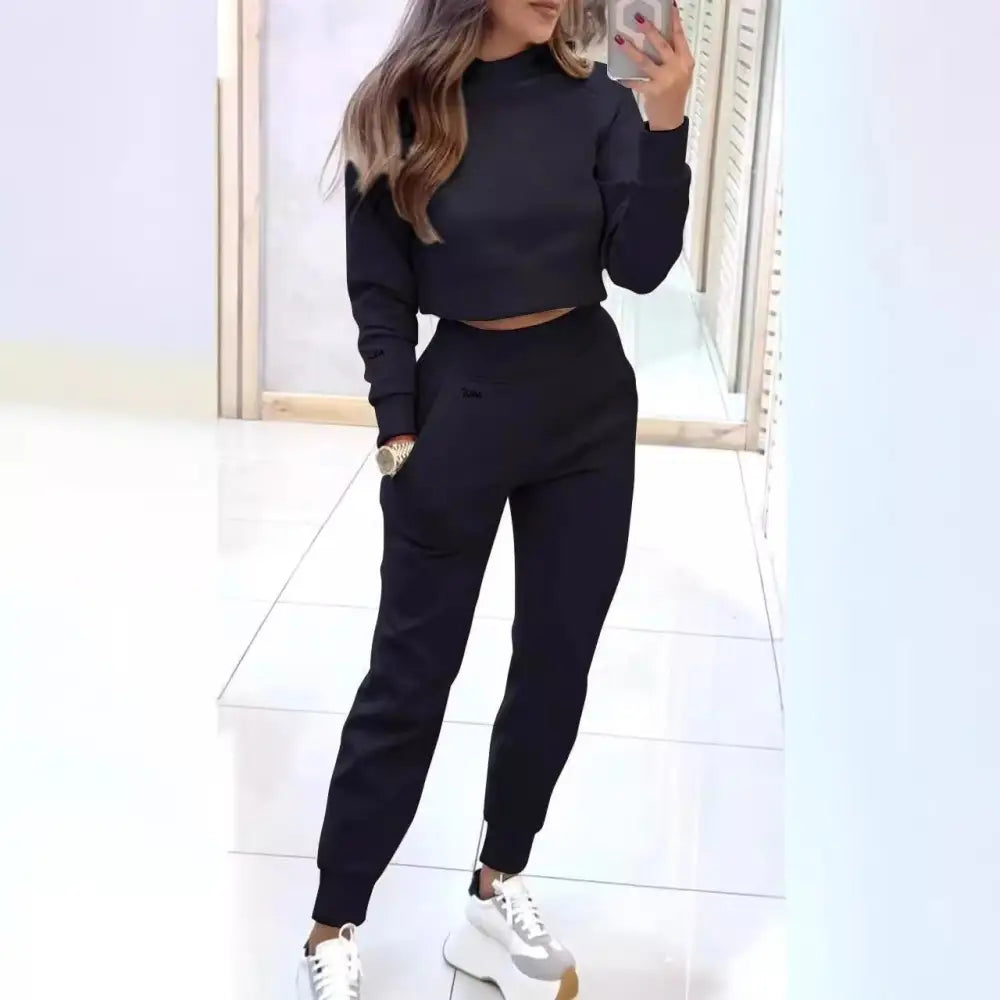 .Stand Collar Sports Suit Fashion Pullover Long-sleeves Short Top And Slim Trousers With Pockets Solid Outfits