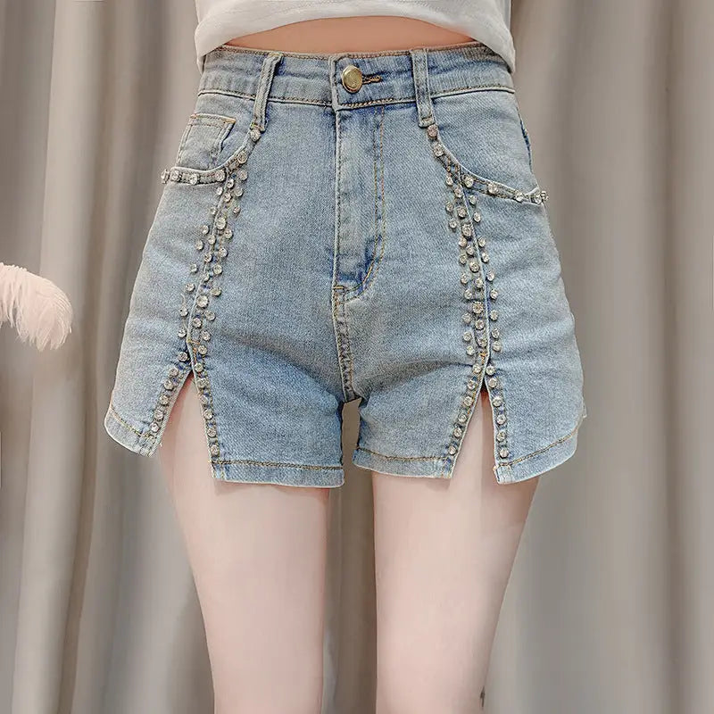 Summer Dress New Style Celebrity Heavy Industry Nail Bead Inlaid Diamond Slim Split Stretch Jeans Women''s Shorts Beyond Trends Hub