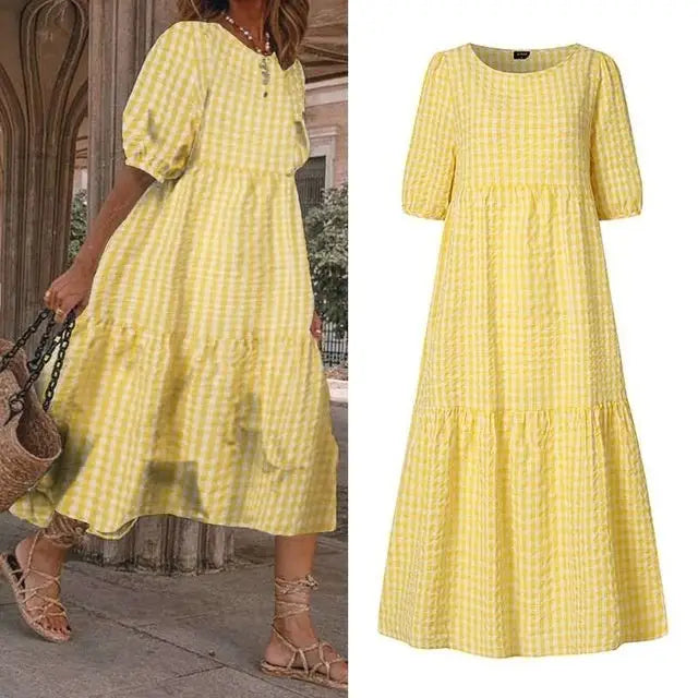 Summer Dress Women Casual Short Sleeve Dresses - Yellow / S