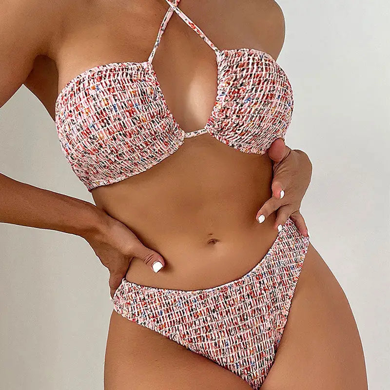 Summer Flowers Print Pleated Design Bikini Set Beach Fashion Halter Neck Swimsuit Womens Clothing - Beyond Trends Hub 
