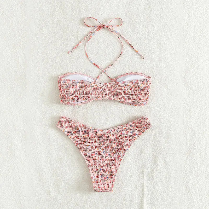 Summer Flowers Print Pleated Design Bikini Set Beach Fashion Halter Neck Swimsuit Womens Clothing - Beyond Trends Hub 