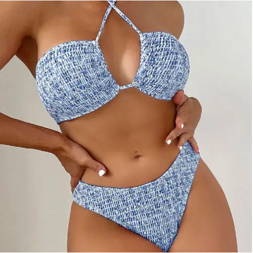 Summer Flowers Print Pleated Design Bikini Set Beach Fashion Halter Neck Swimsuit Womens Clothing - Beyond Trends Hub 