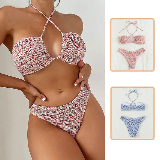 Summer Flowers Print Pleated Design Bikini Set Beach Fashion Halter Neck Swimsuit Womens Clothing - Beyond Trends Hub 