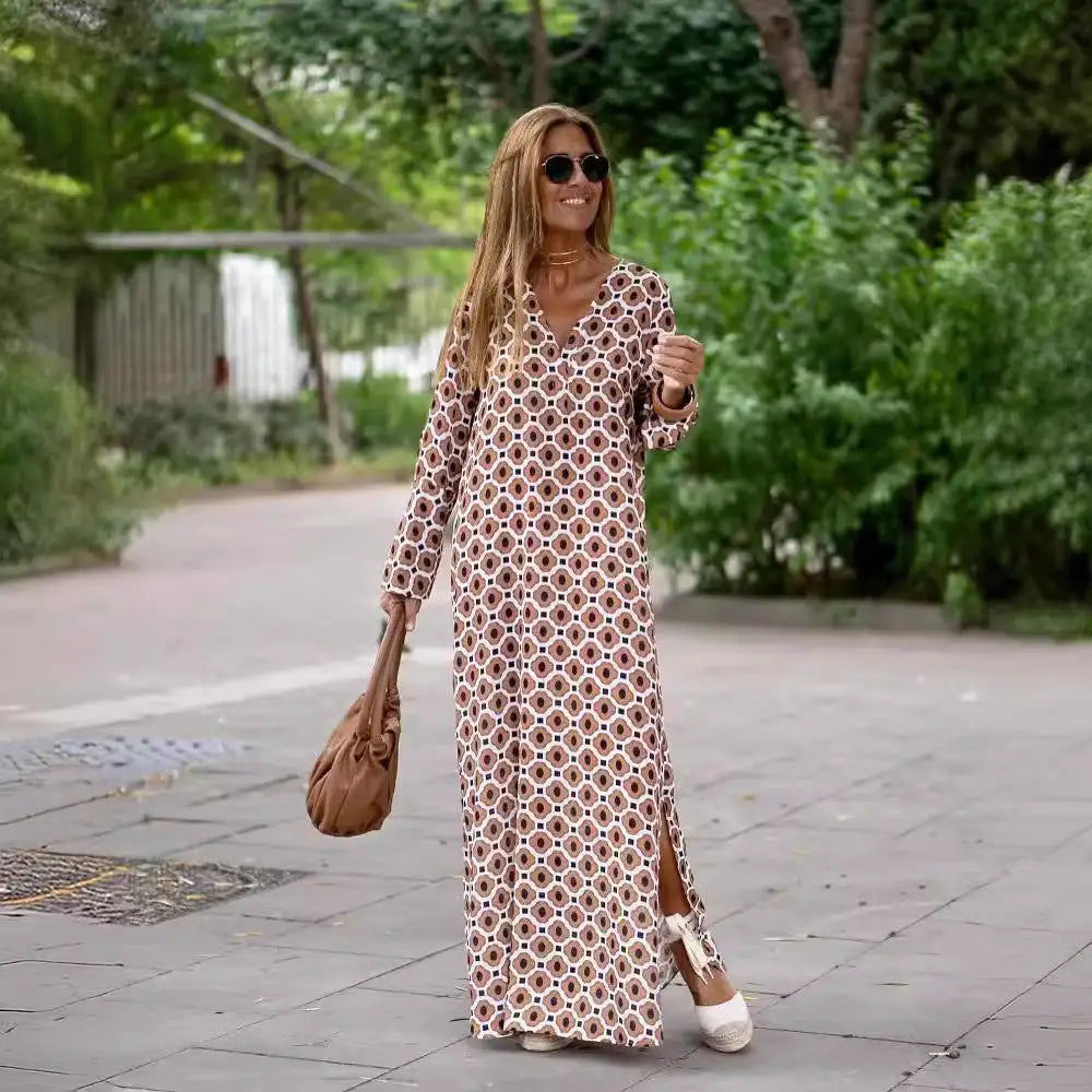Summer Geometric Printed V-neck Long Dress Fashion Long Sleeve Slit Dresses For Women Beyond Trends Hub