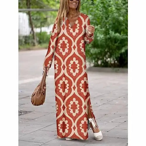 Summer Geometric Printed V-neck Long Dress Fashion Long Sleeve Slit Dresses For Women Beyond Trends Hub
