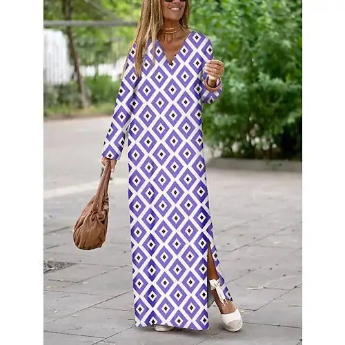 Summer Geometric Printed V-neck Long Dress Fashion Long Sleeve Slit Dresses For Women Beyond Trends Hub