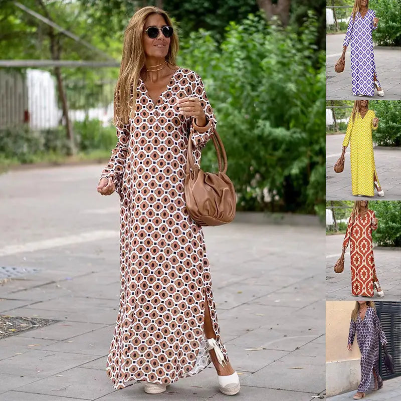 Summer Geometric Printed V-neck Long Dress Fashion Long Sleeve Slit Dresses For Women Beyond Trends Hub
