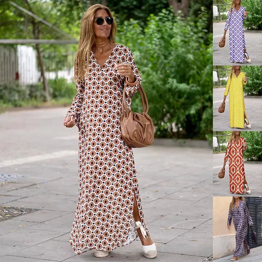 Summer Geometric Printed V-neck Long Dress Fashion Long Sleeve Slit Dresses For Women Beyond Trends Hub