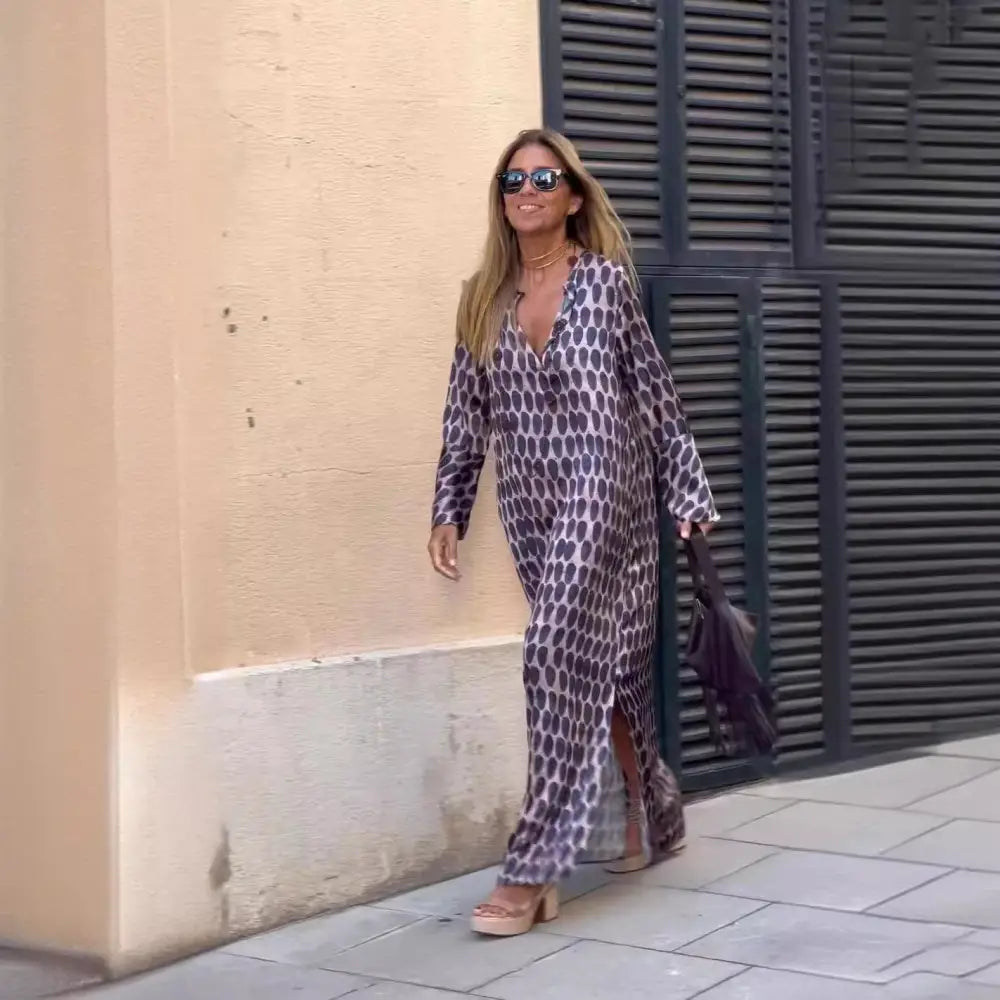Summer Geometric Printed V-neck Long Dress Fashion Long Sleeve Slit Dresses For Women Beyond Trends Hub