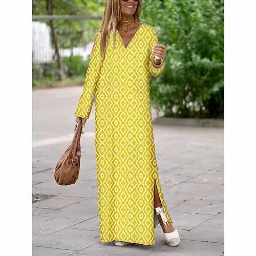 Summer Geometric Printed V-neck Long Dress Fashion Long Sleeve Slit Dresses For Women Beyond Trends Hub