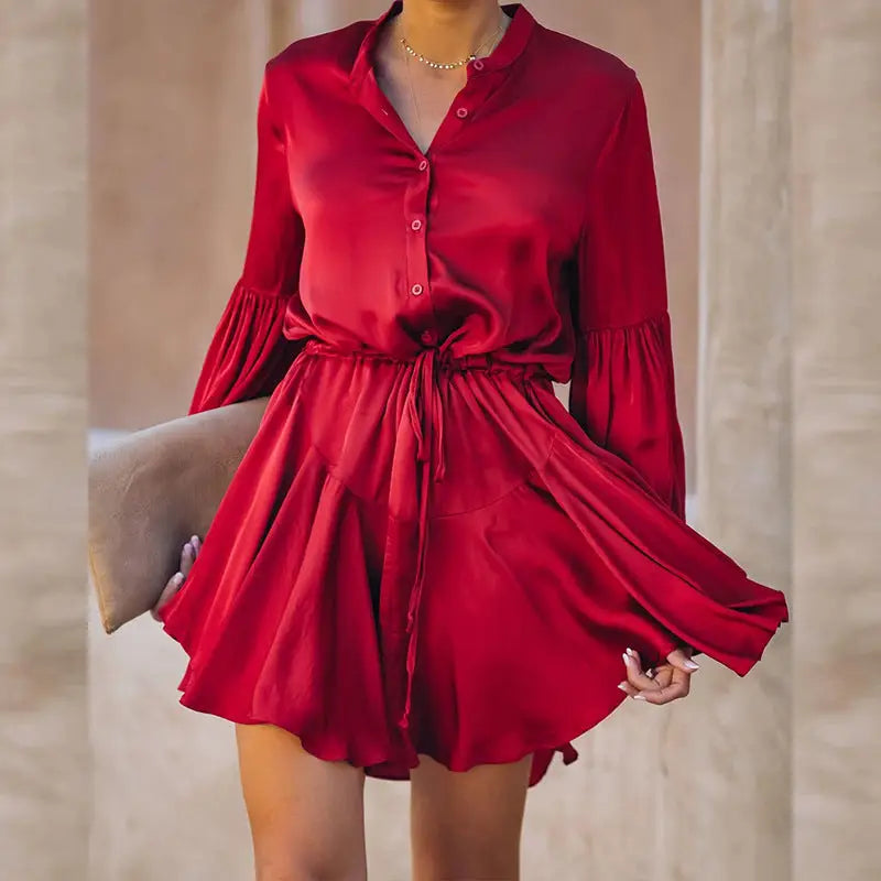 Summer Ladies Shirt Dress Women Dresses Pink Lady Wrap Wear - Red / S