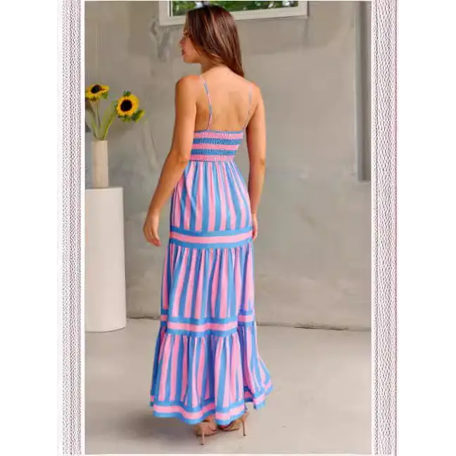 Summer Striped Printed Suspender Long Dress With Pockets Fashion Square Neck Backless Dresses For Beach Vacation Women Clothing - Beyond Trends Hub 