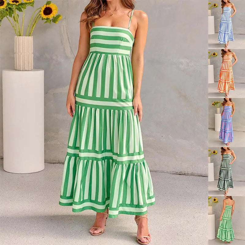 Summer Striped Printed Suspender Long Dress With Pockets Fashion Square Neck Backless Dresses For Beach Vacation Women Clothing - Beyond Trends Hub 