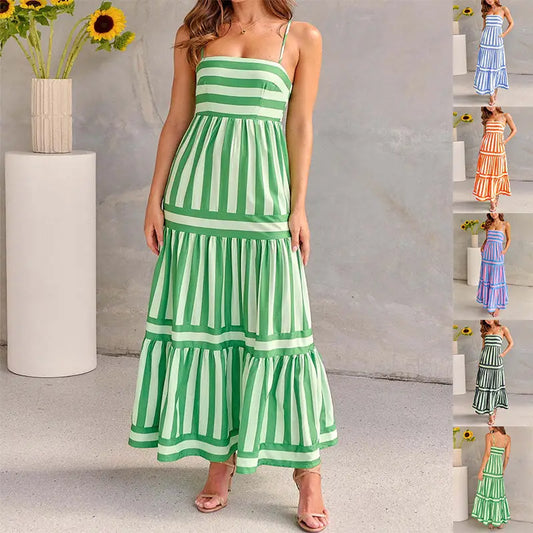 Summer Striped Printed Suspender Long Dress With Pockets Fashion Square Neck Backless Dresses For Beach Vacation Women Clothing - Beyond Trends Hub 