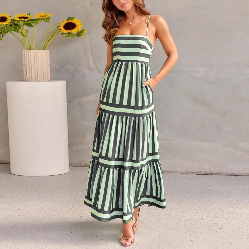 Summer Striped Printed Suspender Long Dress With Pockets Fashion Square Neck Backless Dresses For Beach Vacation Women Clothing - Beyond Trends Hub 