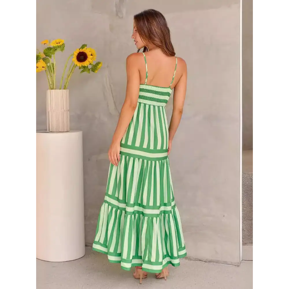 Summer Striped Printed Suspender Long Dress With Pockets Fashion Square Neck Backless Dresses For Beach Vacation Women Clothing - Beyond Trends Hub 